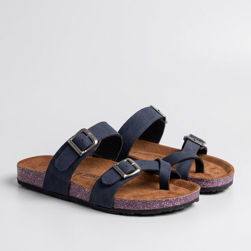 Leather slippers, model 130, dark blue