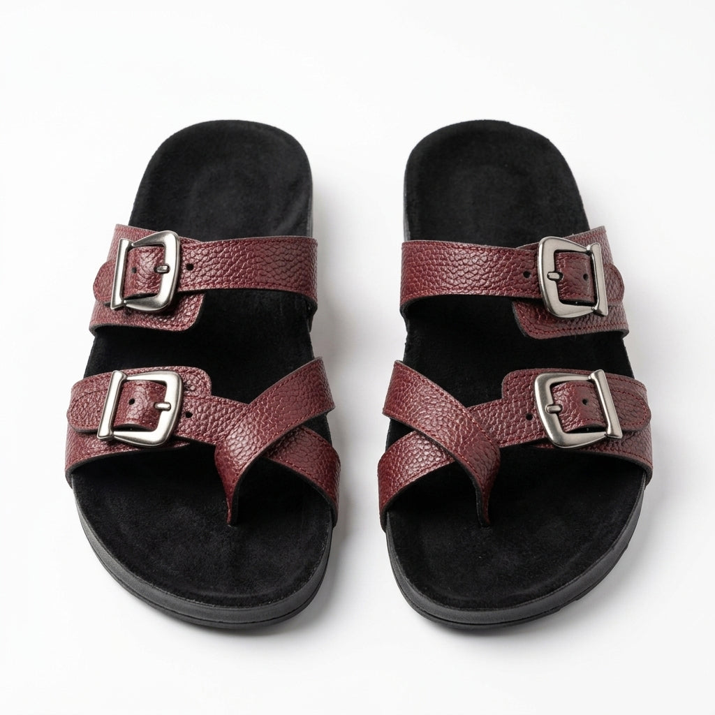 Leather slippers model 130 dark red color