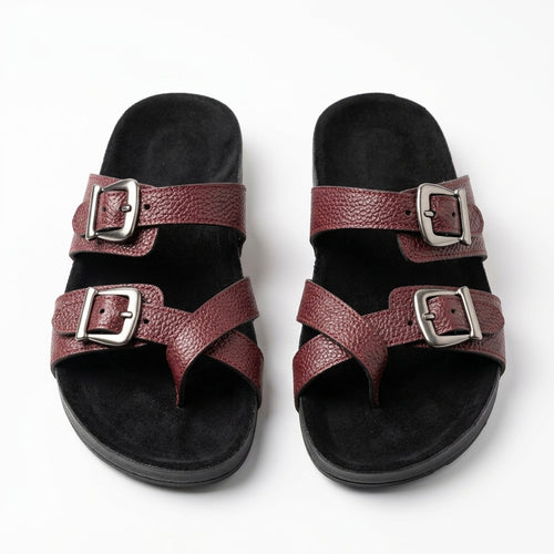 Leather slippers model 130 dark red color