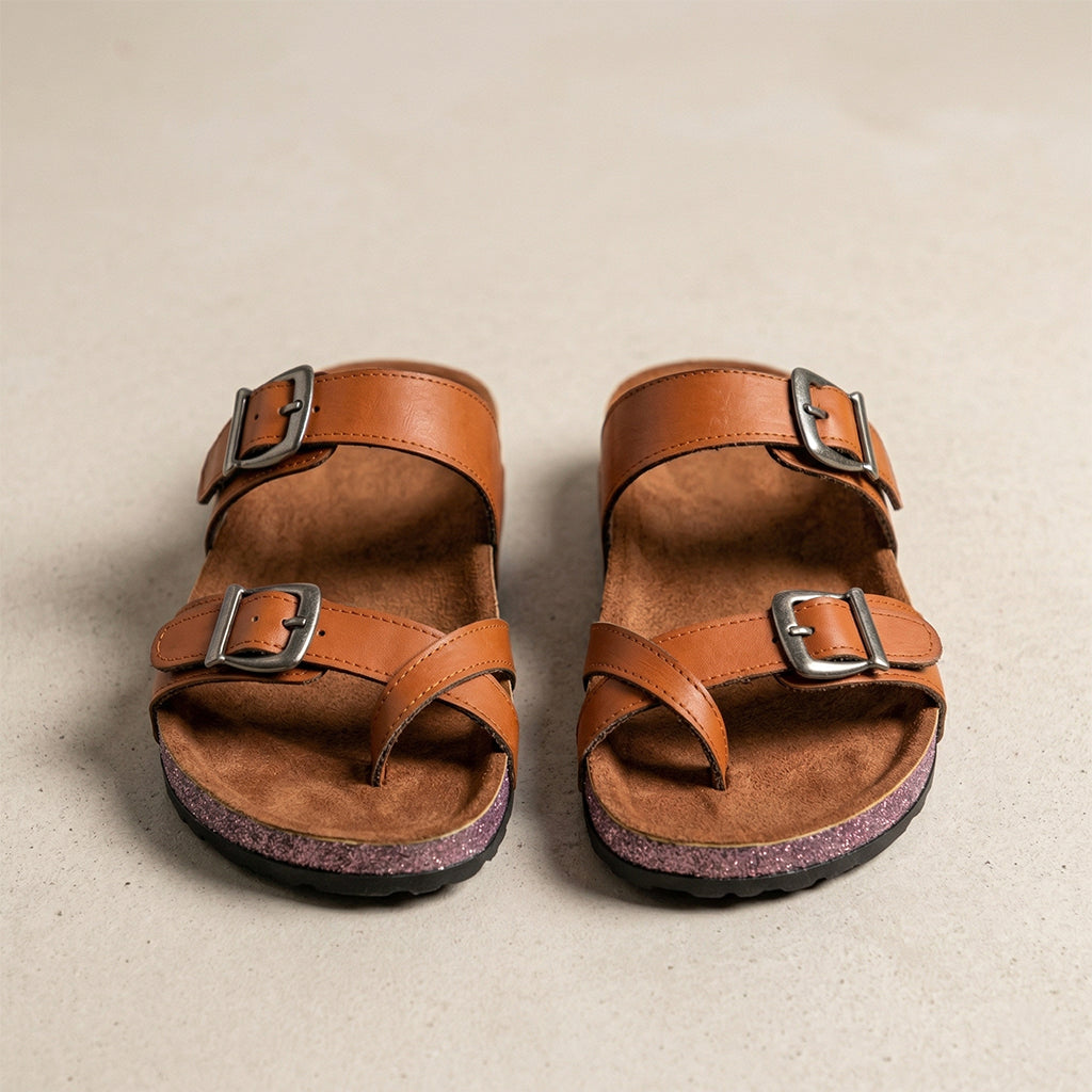 Leather slippers, model 130, honey color