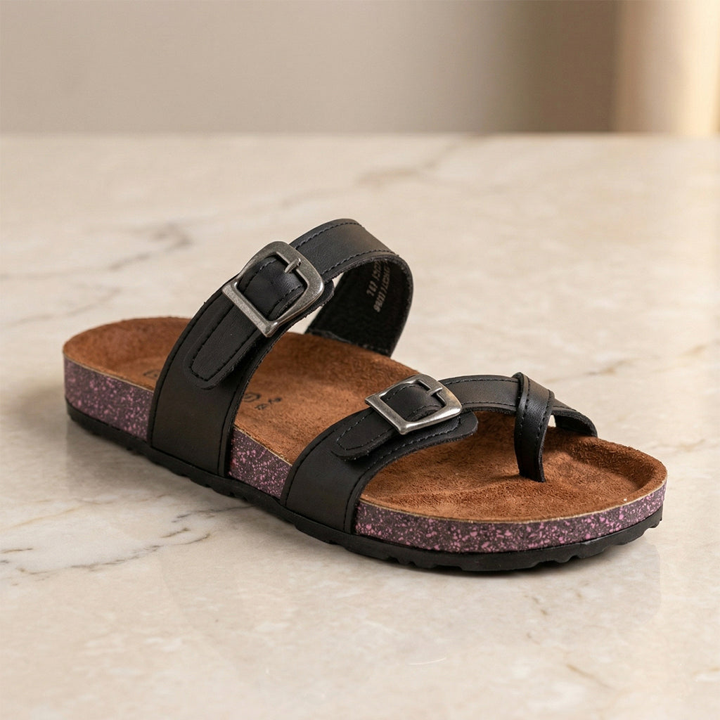 Leather slippers, model 130, black