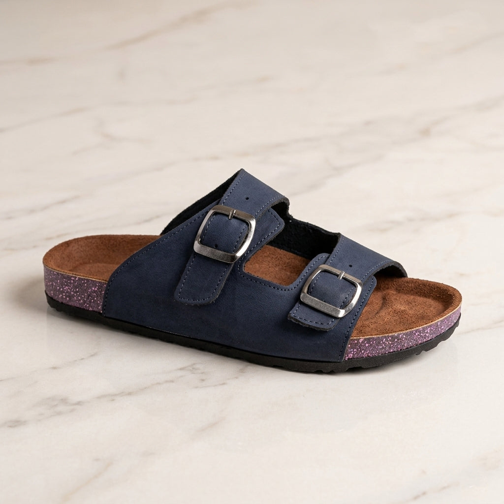 Leather slippers model 135 dark blue