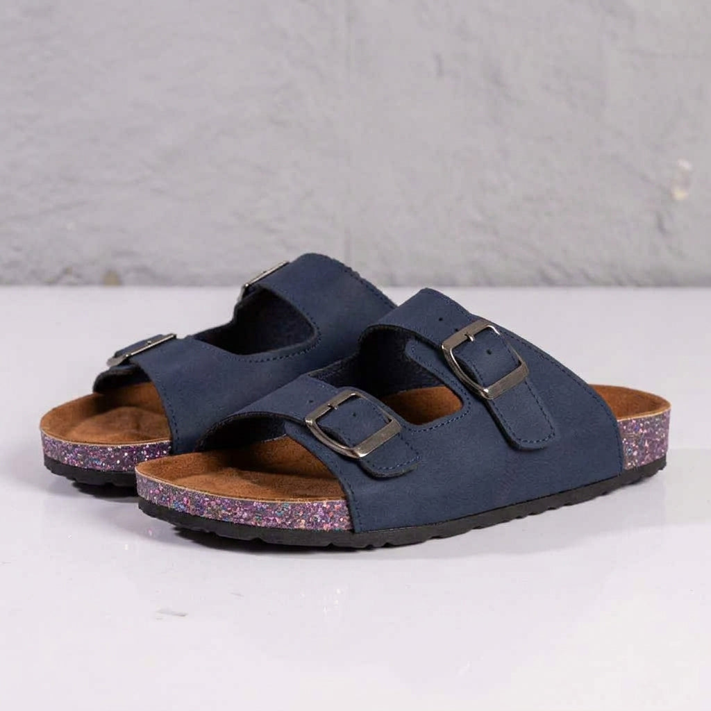 Leather slippers model 135 dark blue