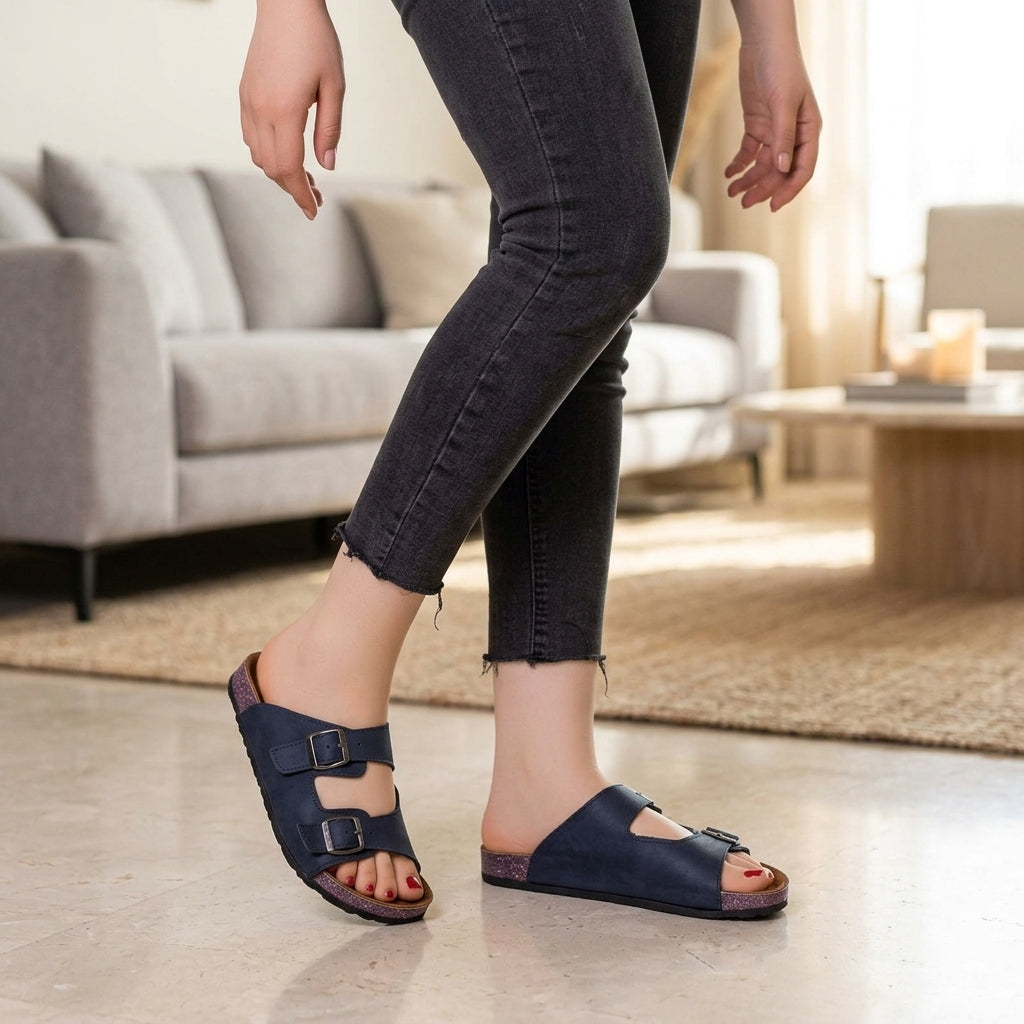 Leather slippers model 135 dark blue