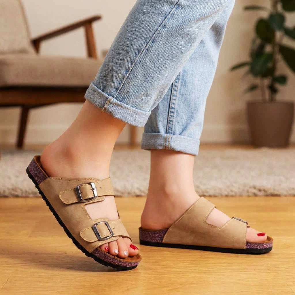 Leather slippers model 135 beige