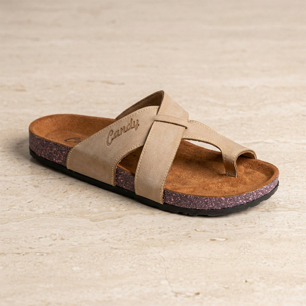 Leather slippers model 140 beige