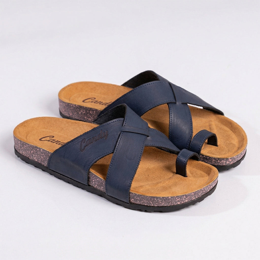 Leather slippers model 140 dark blue