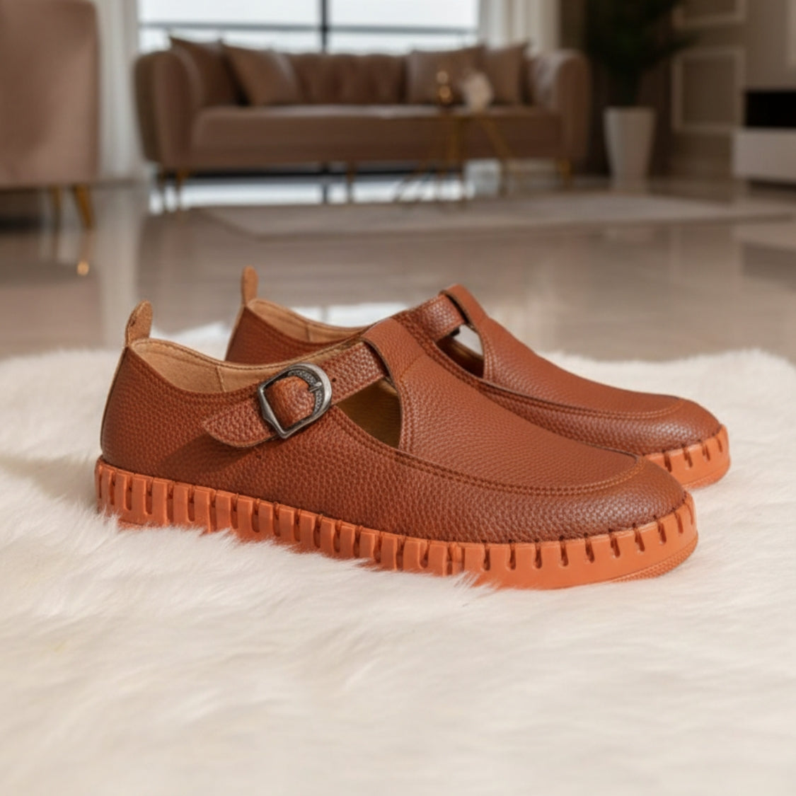 Stitched T-Strap Loafers  (104)