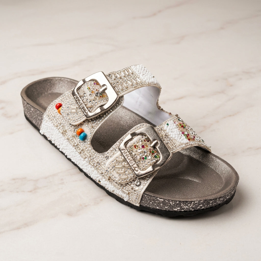 Women's slippers with beads and colored stones, model R202 white color