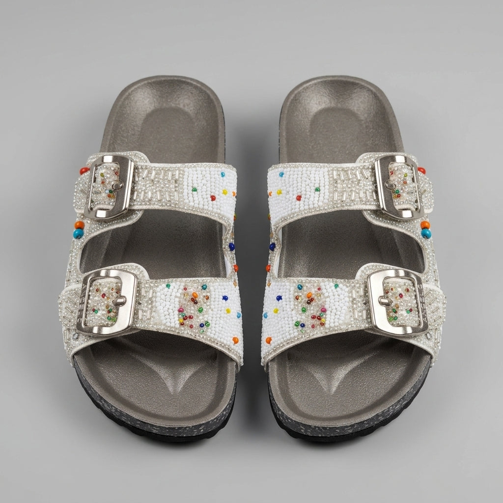 Women's slippers with beads and colored stones, model R202 white color