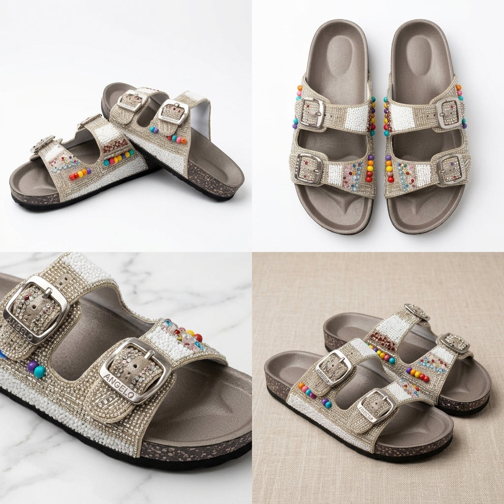 Women's slippers with beads and colored stones, model R202 white color