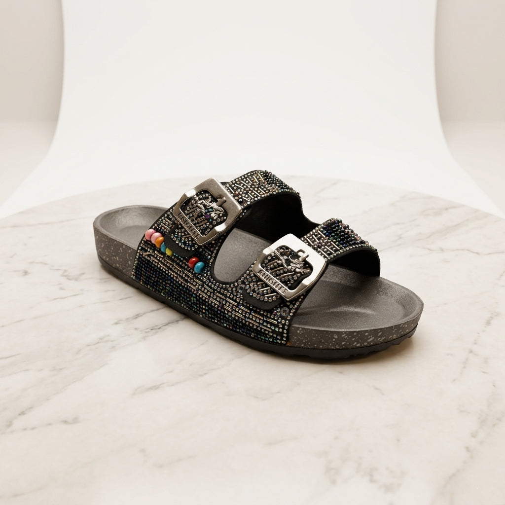 Women's slippers with beads and colored stones, model R202, black color