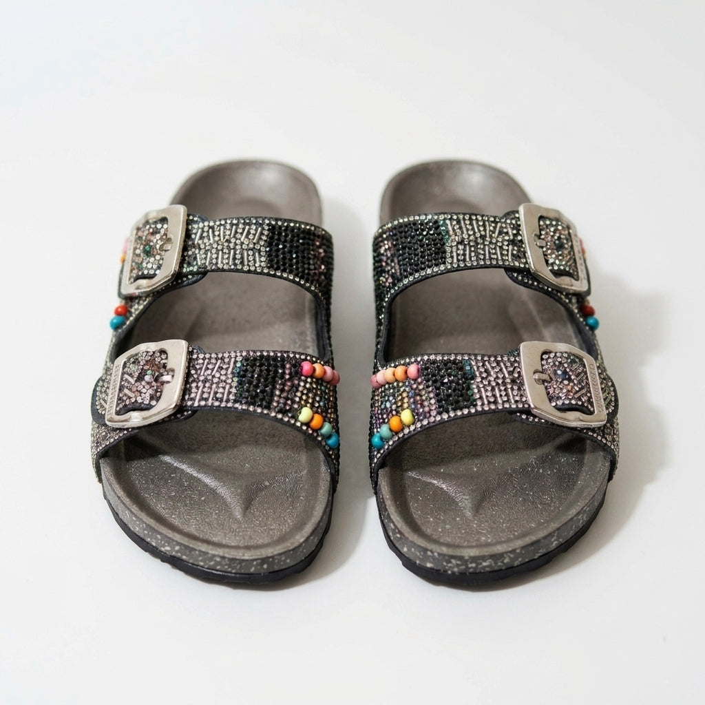 Women's slippers with beads and colored stones, model R202, black color