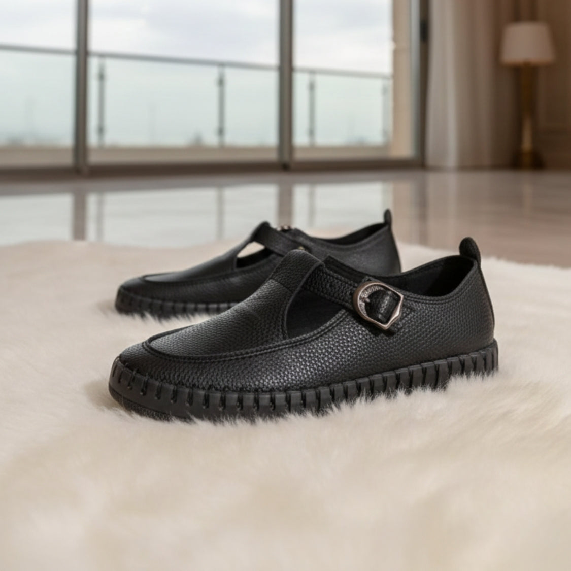 Stitched T-Strap Loafers  (104)