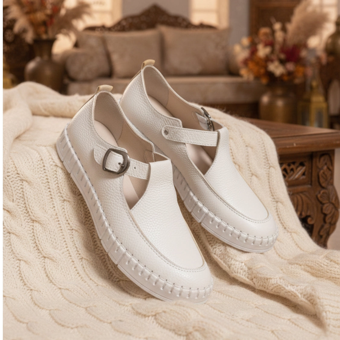 Stitched T-Strap Loafers  (104)